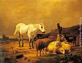 Eugene Verboeckhoven Canvas Paintings - A Horse, Sheep and a Goat in a Landscape